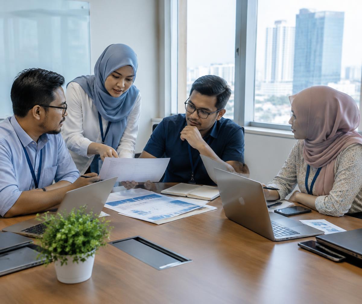 Management team discussing documents in a meeting room